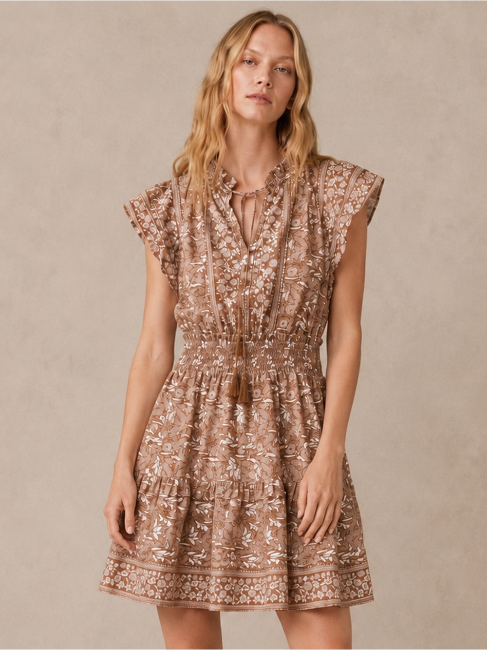 Melissa Nepton - Yael Dress - Camel & White Botanical Print